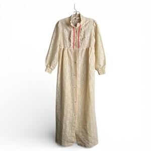 Vintage Cream Lace Long Sleeve Maxi Shirtdress with Red Trim